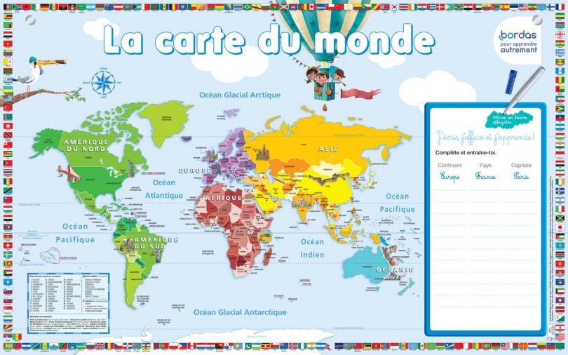 Poster plastifié grand format de la carte des pays du monde et leurs  drapeaux à afficher dans les salles de classe.